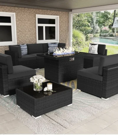 8 Pieces Patio Furniture Set with 44" Propane Gas Fire Pit Table, Outdoor Sectional Wicker Conversation Sofa Sets with Coffee Ta 1