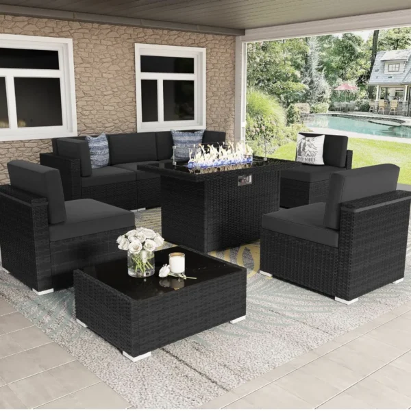8 Pieces Patio Furniture Set with 44″ Propane Gas Fire Pit Table, Outdoor Sectional Wicker Conversation Sofa Sets with Coffee Ta