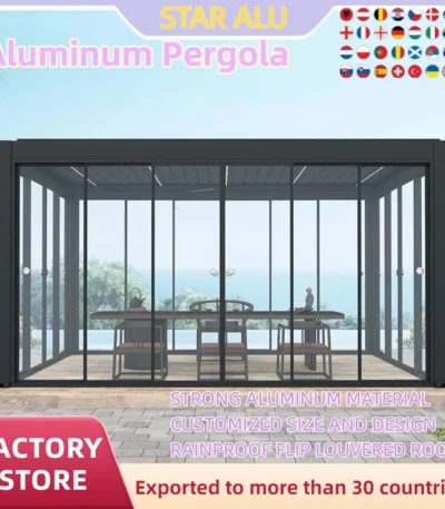 Aluminum Bioclimatic Pergola sliding glass waterproof strong Snow carrying capacity  outdoor restaurant Windproof LED light 1