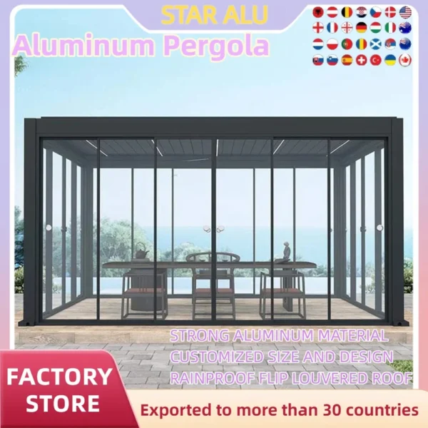 Aluminum Bioclimatic Pergola sliding glass waterproof strong Snow carrying capacity  outdoor restaurant Windproof LED light