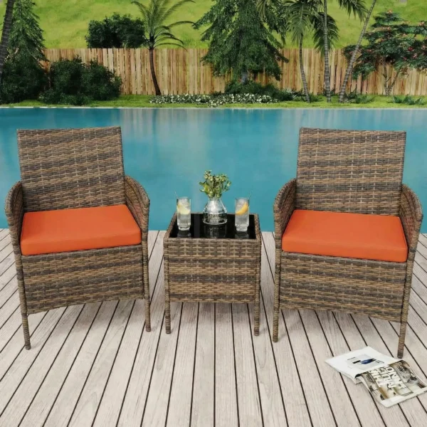 3PCS Rattan Garden Furniture Set For 2, Weatherproof Balcony Table And Chairs, Polyrattan Wicker Patio Bistro Outdoor Set