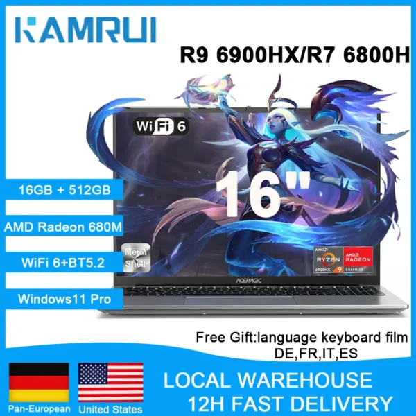 KAMRUI Gaming Laptop 16“ FHD AMD Ryzen9 6900HX 16GB RAM 512GB NVMe PCIe3.0 SSD Radeon 680M WiFi6 Windows 11 Pro Backlit Keyboard