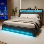Trunk bed 160×200, pated bed with hydraulic Storage, Double bed with slatted box and headboard, with LED and USB