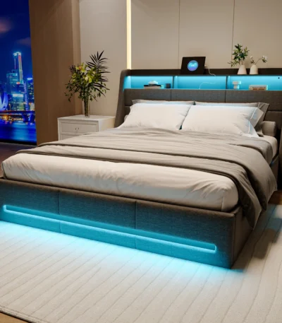 Trunk bed 160x200, pated bed with hydraulic Storage, Double bed with slatted box and headboard, with LED and USB 1