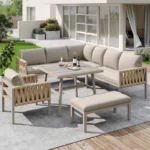 Gartenmobel Balkonmobel Set,Rope Garden Furniture Set,Includes an extra-long corner sofa, a single sofa, a bench, a practical coffee table, an armchair, and seat cushions.Galvanized iron frame with adjustable legs.Ergonomic design.Beige