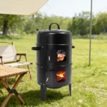 3-in-1 Smoker Braiser Grill, 2-Layer Detachable Iron BBQ Grill 40cm Diameter for Outdoor Cooking