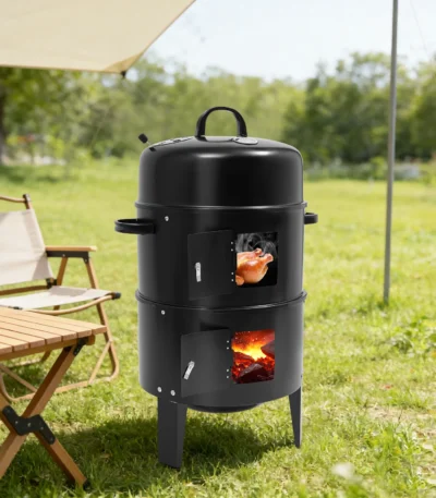 3-in-1 Smoker Braiser Grill, 2-Layer Detachable Iron BBQ Grill 40cm Diameter for Outdoor Cooking 1