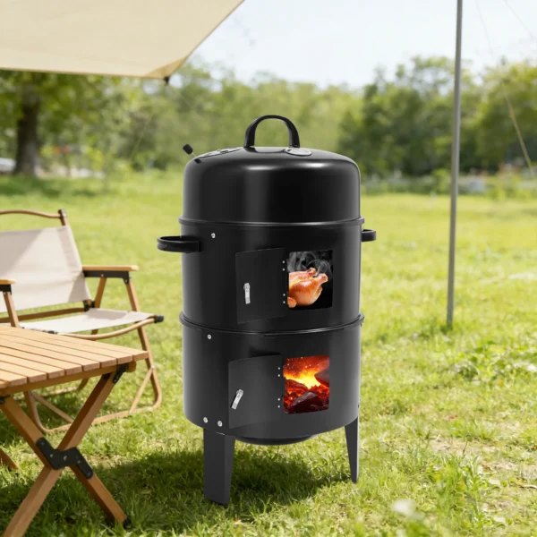 3-in-1 Smoker Braiser Grill, 2-Layer Detachable Iron BBQ Grill 40cm Diameter for Outdoor Cooking