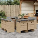 9-Piece Weatherproof Folding Poly Rattan Garden Dining Set with Cushions – Weatherproof Garden Table and Chairs with Soft Cushions for Patio, Balcony, or Yard