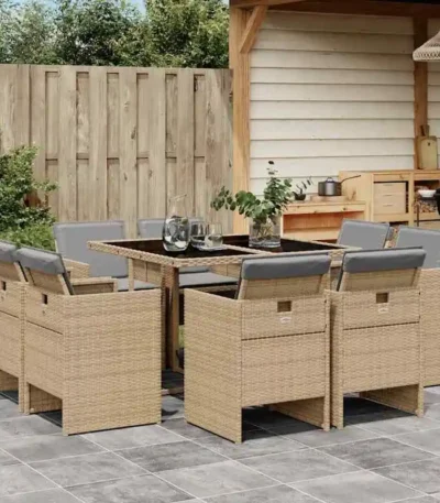 9-Piece Weatherproof Folding Poly Rattan Garden Dining Set with Cushions – Weatherproof Garden Table and Chairs with Soft Cushions for Patio, Balcony, or Yard 1