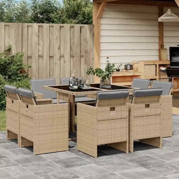 9-Piece Weatherproof Folding Poly Rattan Garden Dining Set with Cushions – Weatherproof Garden Table and Chairs with Soft Cushions for Patio, Balcony, or Yard