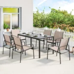 Outsunny 7-Piece Garden Table and Chairs Set, Outdoor Garden Furniture with Wood Effect Table and 6 Chairs with Breathable Seat, Galvanized Steel Frame, for Terrace, Patio