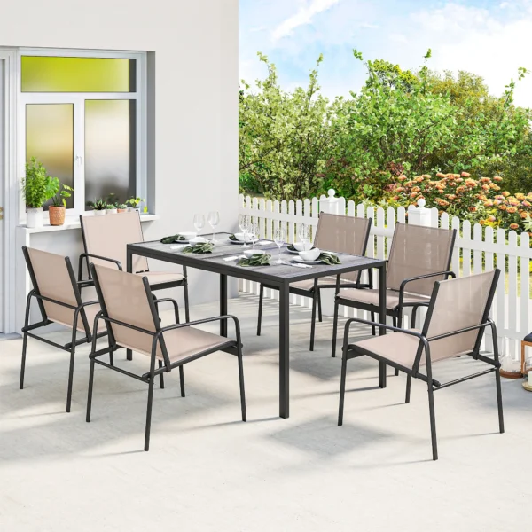 Outsunny 7-Piece Garden Table and Chairs Set, Outdoor Garden Furniture with Wood Effect Table and 6 Chairs with Breathable Seat, Galvanized Steel Frame, for Terrace, Patio