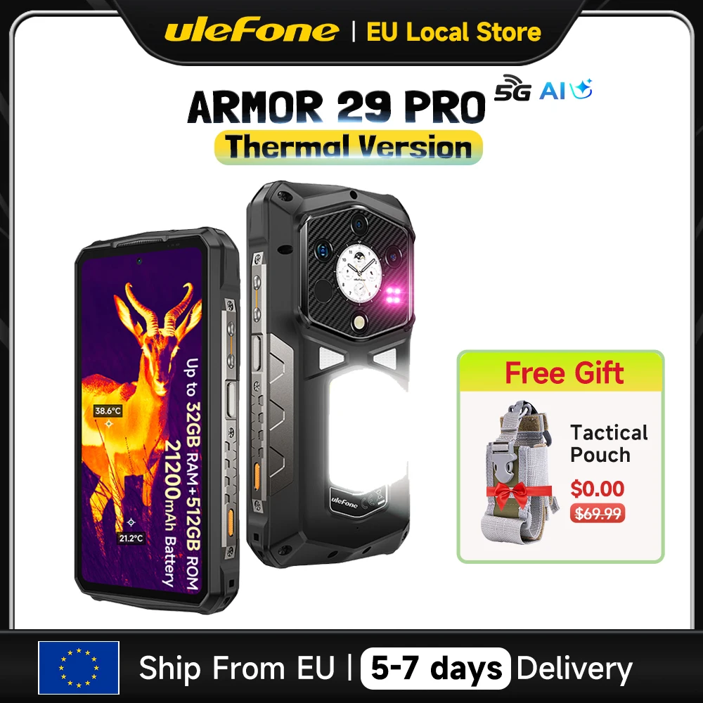 Ulefone Armor 29 Pro Thermal Version 5G AI Rugged Smartphone Android 15 6.67″ 120Hz 512GB ROM 21200mAh 120W Flash Charging NFC Ulefone Armor 29 Pro Thermal Version 5G AI Rugged Smartphone Android 15 6.67″ 120Hz 512GB ROM 21200mAh 120W Flash Charging NFC