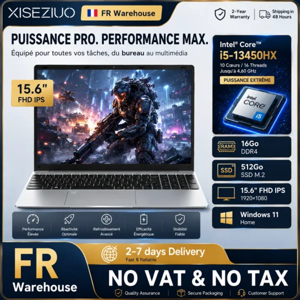 15.6-inch Laptop with Intel Core i5-13450HX, 16 GB RAM, 512 GB SSD, Windows 11, Full HD IPS Display (1920×1080), High-Performance Gaming PC with 10 Cores and 16 Threads, up to 4.60 GHz, Wi‑Fi and Bluetooth, French Warehouse, Fast Delivery, VAT-Free