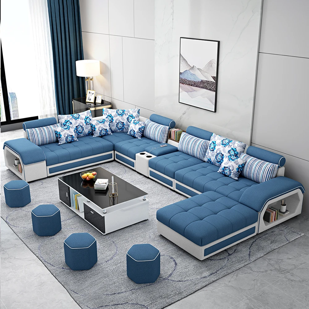 Linlamim Fabric Sofa Set Furniture Living Room Sofa Set with USB and Stools / Big U Shape Cloth Couch Sofas for Home Furniture 1