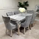 ！@Wholesale Luxury Dinning Table Set With Grey Solid Marble Top and 6 Grey Knocker Chairs Stainless Steel Chrome Dining Table