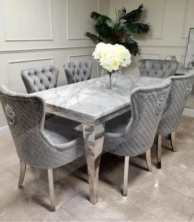 ！@Wholesale Luxury Dinning Table Set With Grey Solid Marble Top and 6 Grey Knocker Chairs Stainless Steel Chrome Dining Table 1