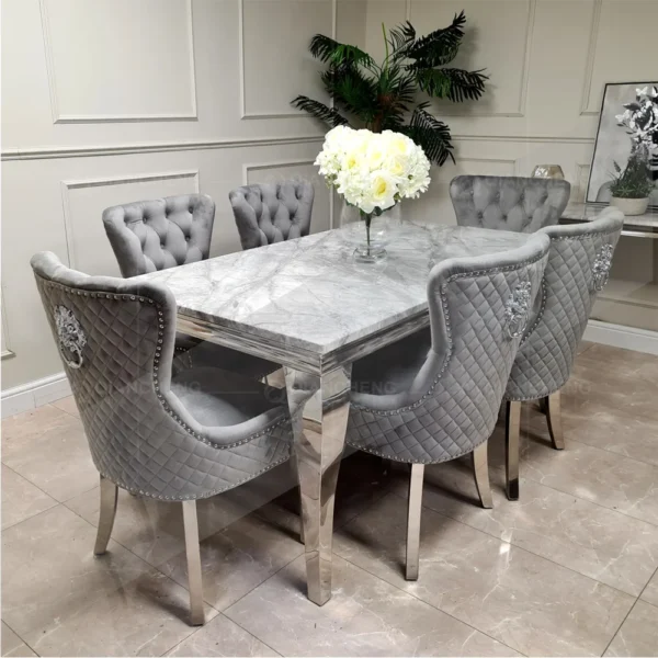 Wholesale Luxury Dinning Table Set With Grey Solid Marble Top and 6 Grey Knocker Chairs Stainless Steel Chrome Dining Table