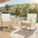 3-Piece Rattan Balcony Set – Rocking Chair with Beige Cushions & 2 Side Tables – Supports 160kg, Weather-Resistant – Space-Saving for Patio, Garden or Balcony – Sturdy, Easy Assembly – Perfect for Outdoor Relaxation