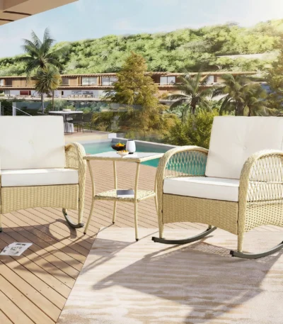 3-Piece Rattan Balcony Set – Rocking Chair with Beige Cushions & 2 Side Tables – Supports 160kg, Weather-Resistant – Space-Saving for Patio, Garden or Balcony – Sturdy, Easy Assembly – Perfect for Outdoor Relaxation 1