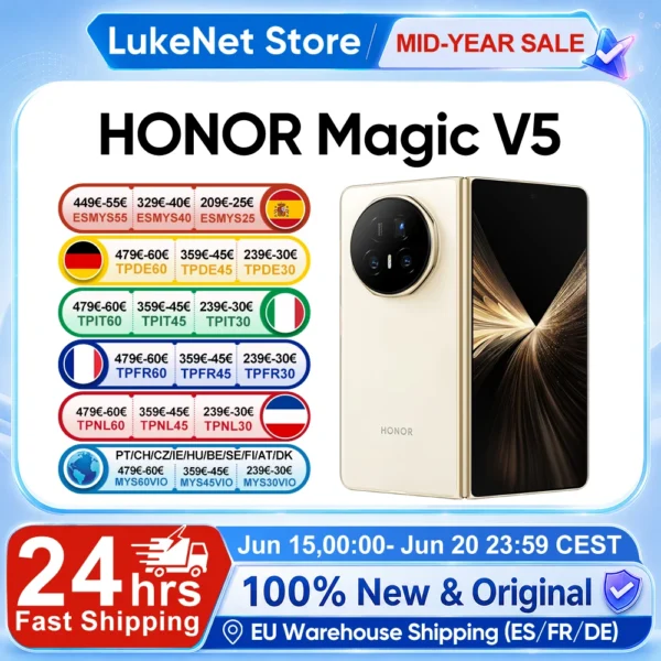 HONOR Magic V5 Global Version Original 5G Smartphone Dual HDR OLED Display Snapdragon 8 Elite 5820mAh 7.95″ 66W SuperCharge
