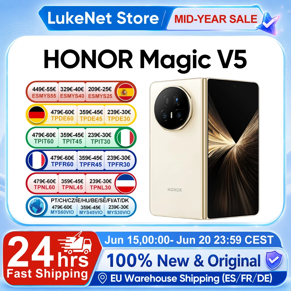 HONOR Magic V5 Global Version Original 5G Smartphone Dual HDR OLED Display Snapdragon 8 Elite 5820mAh 7.95″ 66W SuperCharge HONOR Magic V5 Global Version Original 5G Smartphone Dual HDR OLED Display Snapdragon 8 Elite 5820mAh 7.95″ 66W SuperCharge