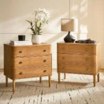Set of 2 Oak Wood End Tables with Charge Station, Adjustable Height & Curved Design