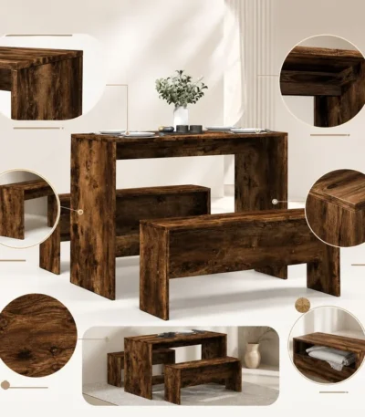 3-Piece Dining Table and Benches Set - Wooden Outdoor Garden Furniture 1