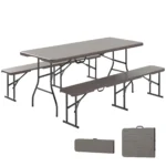 Outsunny Folding Camping Set 3 Pieces Folding Camping Table with Benches