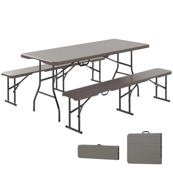 Outsunny Folding Camping Set 3 Pieces Folding Camping Table with Benches