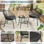 Outdoor Acapulco Chairs Set of 2 with Glass Top Table, All Weather Modern Patio Chairs with Cushions，3 Piece Patio Bistro Set
