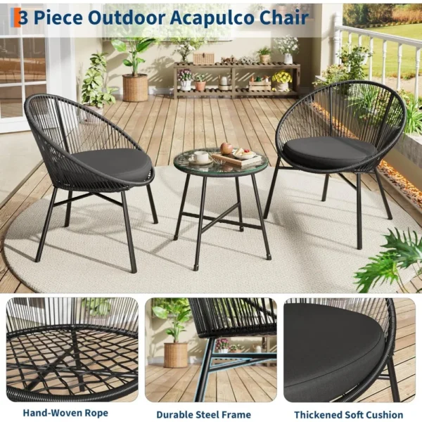 Outdoor Acapulco Chairs Set of 2 with Glass Top Table, All Weather Modern Patio Chairs with Cushions，3 Piece Patio Bistro Set