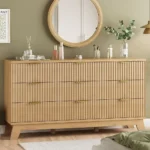 Fluted Dresser for Bedroom with 9 Drawers, 57″ Wide Modern Chest of Drawers with Metal Handle, Wooden Dresser TV Stand, Wood Clo