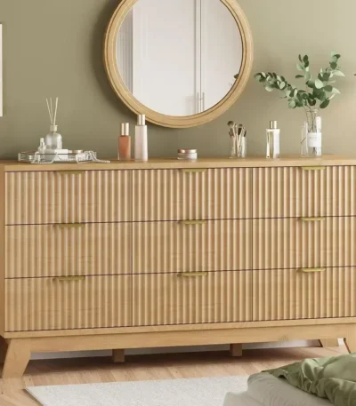 Fluted Dresser for Bedroom with 9 Drawers, 57" Wide Modern Chest of Drawers with Metal Handle, Wooden Dresser TV Stand, Wood Clo 1