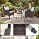 3-Piece Outdoor Garden Furniture Set: 2 Rattan Chairs, 2-Tier Side Table with Tempered Glass Top, White