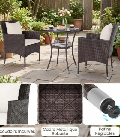 3-Piece Outdoor Garden Furniture Set: 2 Rattan Chairs, 2-Tier Side Table with Tempered Glass Top, White 1