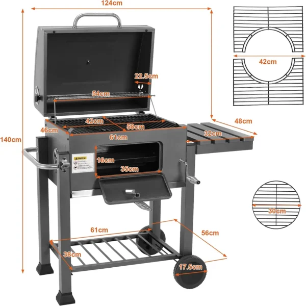 Charcoal Grill, BBQ Smoker with Handle and Folding Table, Perfect for Outdoor Patio, Garden and Backyard Grilling Camping Black