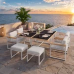7 Piece Outdoor Patio Furniture Set Garden Dining Set Tempered Glass Table Armchair with Thick Cushions Terrace Furniture