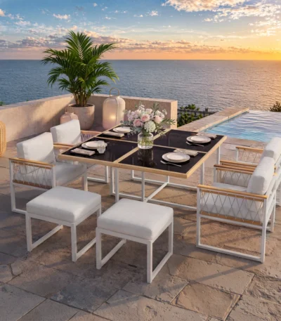 7 Piece Outdoor Patio Furniture Set Garden Dining Set Tempered Glass Table Armchair with Thick Cushions Terrace Furniture 1