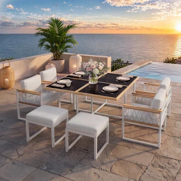 7 Piece Outdoor Patio Furniture Set Garden Dining Set Tempered Glass Table Armchair with Thick Cushions Terrace Furniture
