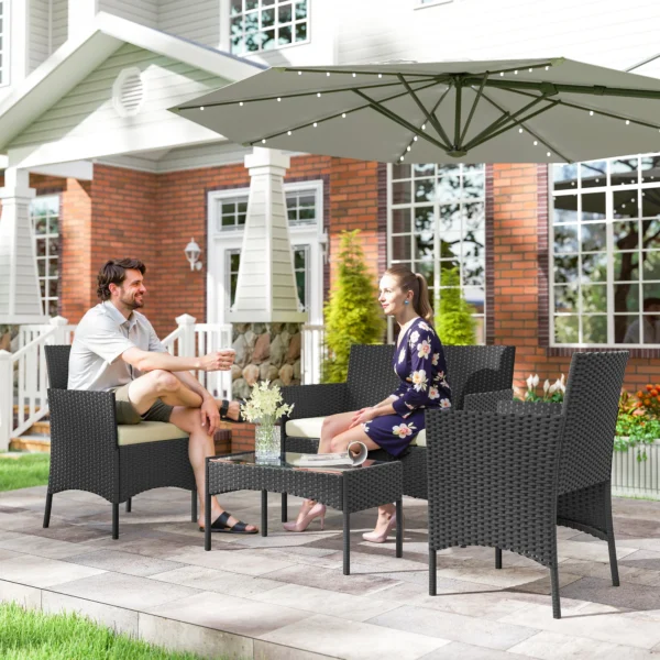 Outsunny Rattan Outdoor Garden Set with Cushions Weather-Resistant Terrace Set Outdoor Garden Furniture with 2 Armchairs 2-Seater Sofa Table with Glass