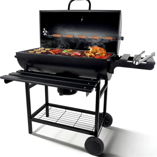 Charcoal BBQ Grills Outdoor: Spacious Barrel Barbecue Grill with Side Front Table Premium BBQ Smoker Combo for Backyard Cooking