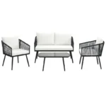 4 Piece Patio Furniture Set PE Rope Woven Conversation Bistro Set with Cushions and Tempered Glass Coffee Table White