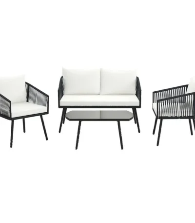 4 Piece Patio Furniture Set PE Rope Woven Conversation Bistro Set with Cushions and Tempered Glass Coffee Table White 1