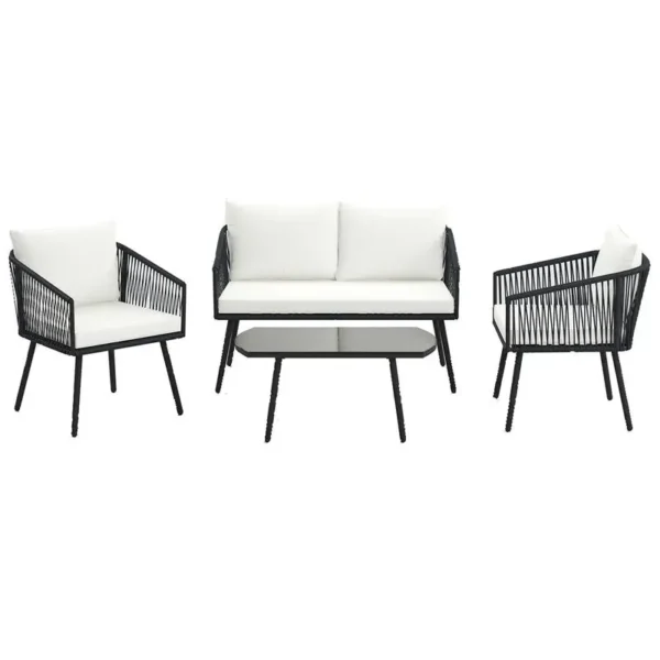 4 Piece Patio Furniture Set PE Rope Woven Conversation Bistro Set with Cushions and Tempered Glass Coffee Table White