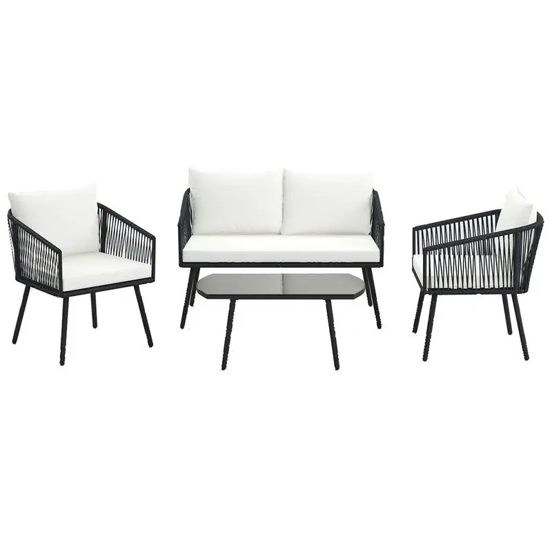 4 Piece Patio Furniture Set PE Rope Woven Conversation Bistro Set with Cushions and Tempered Glass Coffee Table White 4 Piece Patio Furniture Set PE Rope Woven Conversation Bistro Set with Cushions and Tempered Glass Coffee Table White