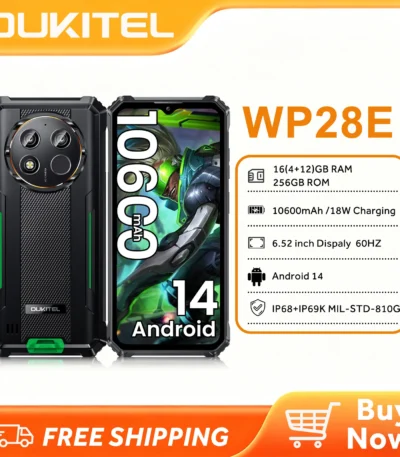 OUKITEL WP28E Rugged Phone Unlocked, 64GB ROM/TF 1TB,10600mAh Battery Cell Phone, 6.52" Screen Smartphone, 13MP Camera, 4G Dual 1