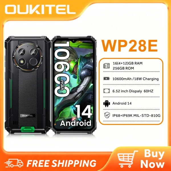 OUKITEL WP28E Rugged Phone Unlocked, 64GB ROM/TF 1TB,10600mAh Battery Cell Phone, 6.52″ Screen Smartphone, 13MP Camera, 4G Dual