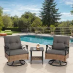 Outdoor Swing Chairs Set 3 Pieces, 1 Table and 2 Swing Chairs, Support 350lbs, Brown Wicker, Outdoor Furniture Patio Talk Set